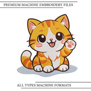 Katze Stickdatei, Cartoon getigerte Katze Winken PES DST, Kawaii Katzenliebhaber Kinder Bekleidung Sofortiger digitaler Download