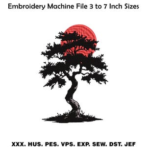 Bonsai Tree Embroidery Design, Japanese Pine Silhouette, Red Sun (Instant Download)