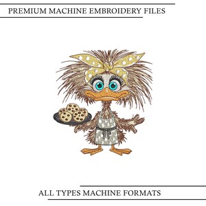May include: A machine embroidery design featuring a cartoon duck with messy brown feathers, wearing a yellow polka dot headband and a grey polka dot apron. The duck holds a dark plate with four chocolate chip cookies. Text reads PREMIUM MACHINE EMBROIDERY FILES and ALL TYPES MACHINE FORMATS.