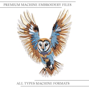 May include: An embroidered owl design with outstretched wings, featuring shades of brown, blue, and gold. The image includes the text "PREMIUM MACHINE EMBROIDERY FILES" and "ALL TYPES MACHINE FORMATS".
