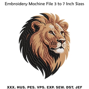 May include: An embroidery machine file design featuring a lion head in profile with tan, brown, and black thread colours. The text at the top reads Embroidery Machine File 3 to 7 Inch Sizes, and the bottom text lists file formats XXX, HUS, PES, VPS, EXP, SEW, DST, JEF.