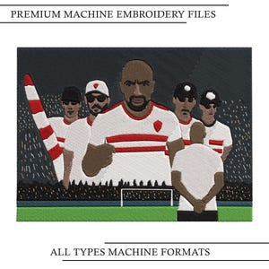 May include: Machine embroidery design featuring a group of soccer players in white jerseys with red horizontal stripes on a dark background. The text PREMIUM MACHINE EMBROIDERY FILES and ALL TYPES MACHINE FORMATS is included in the image.