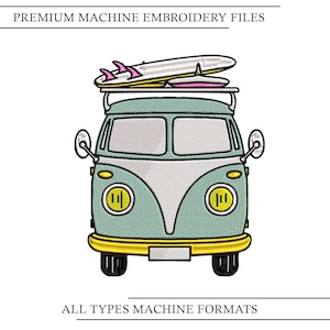 May include: A machine embroidery design featuring a teal and white vintage van with a surfboard on the roof rack. The van has yellow headlights, round side mirrors, and black tires. Text at the top reads PREMIUM MACHINE EMBROIDERY FILES.
