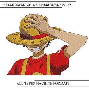 Puede incluir: Diseño de bordado a máquina con un personaje de dibujos animados que lleva un sombrero de paja amarillo con una banda roja y una camiseta roja con tirantes amarillos. El texto PREMIUM MACHINE EMBROIDERY FILES y ALL TYPES MACHINE FORMATS aparece.