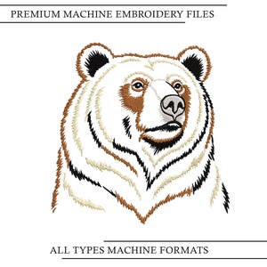 May include: A machine embroidery design featuring a detailed bear head in profile. The bear is rendered in shades of brown, black, and white thread. The text PREMIUM MACHINE EMBROIDERY FILES appears at the top, and ALL TYPES MACHINE FORMATS at the bottom.
