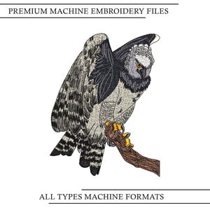 May include: An embroidered design of a majestic eagle perched on a branch, featuring detailed feather patterns in shades of gray, black, and white. The eagle's piercing yellow eyes and sharp talons are visible. The text at the top says "PREMIUM MACHINE EMBROIDERY FILES" and the text at the bottom says "ALL TYPES MACHINE FORMATS".