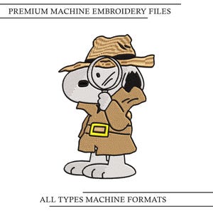 Puede incluir: Diseño de bordado a máquina con un perro de dibujos animados blanco que lleva una gabardina color canela y un sombrero a juego, sosteniendo una lupa. El texto superior dice PREMIUM MACHINE EMBROIDERY FILES y el inferior ALL TYPES MACHINE FORMATS.
