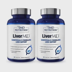 Pode incluir: Duas garrafas azuis de suplementos com tampas prateadas. Os rótulos dizem "Liver MD" e "Suporte hepático cientificamente formulado". As garrafas também indicam que apoiam a função enzimática hepática, auxiliam a desintoxicação e promovem os níveis de energia. Cada garrafa contém 60 cápsulas.