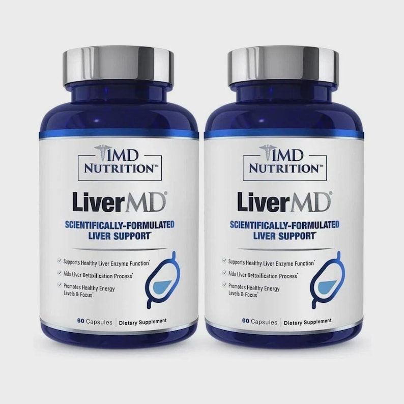 May include: Two blue supplement bottles with silver lids. The labels read "Liver MD" and "Scientifically-Formulated Liver Support." The bottles also state they support liver enzyme function, aid liver detoxification, and promote energy levels. Each bottle contains 60 capsules.