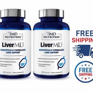 May include: Two blue and white supplement bottles labelled "Liver MD" with "IMD Nutrition" branding. The bottles have silver caps and contain 60 capsules. The text on the bottles highlights liver support and healthy energy levels.