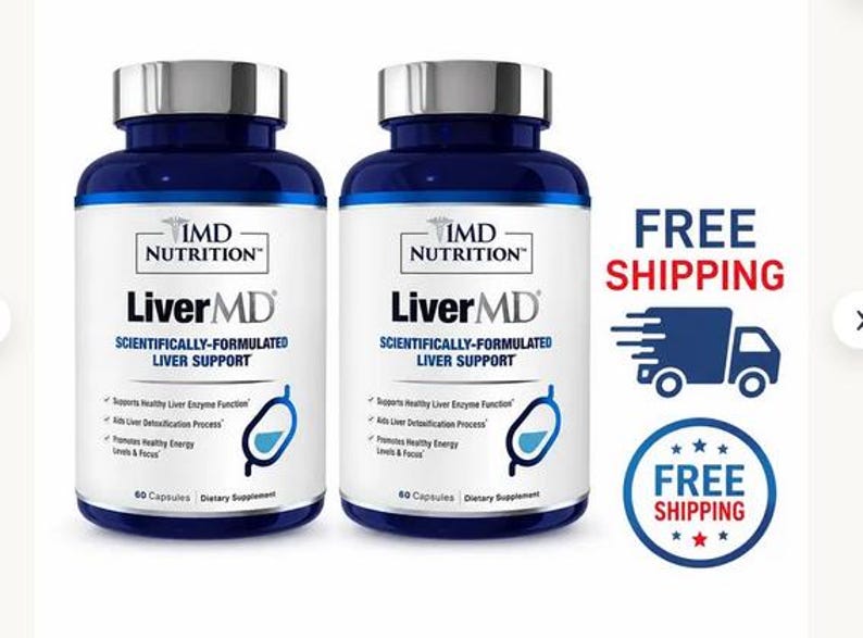 May include: Two blue and white supplement bottles labelled "Liver MD" with "IMD Nutrition" branding. The bottles have silver caps and contain 60 capsules. The text on the bottles highlights liver support and healthy energy levels.