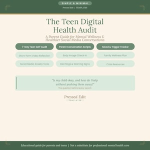 May include: A digital guide titled "The Teen Digital Health Audit" with a cream background and green accents. It includes sections on mental wellness, social media, and resources for parents and teens. The guide's text includes "7-Day Teen Self-Audit" and "Parent Conversation Scripts."