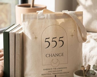 555 Angel Number Tote Bag – Change & Transformation | Spiritual Gift for Her, Angel Number Gift, Manifestation Bag, Boho Canvas Tote