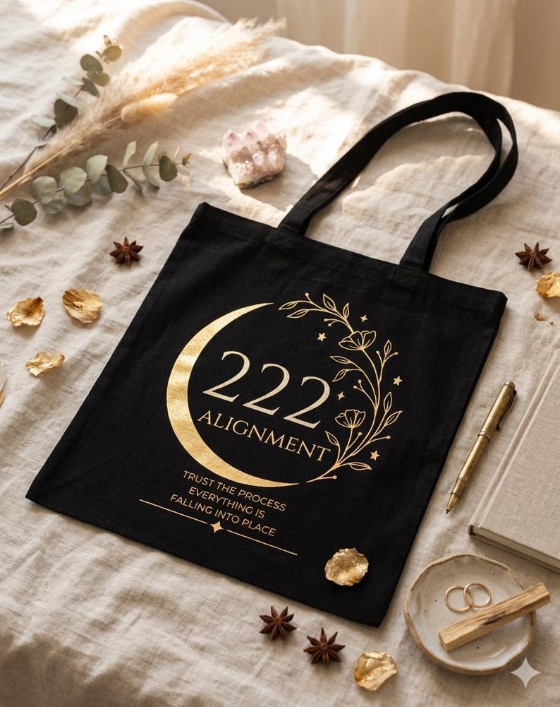 Pode incluir: Uma bolsa tote preta com um gr&aacute;fico dourado de uma lua crescente, detalhes florais e o texto 222 ALIGNMENT. Abaixo do gr&aacute;fico, o texto diz TRUST THE PROCESS EVERYTHING IS FALLING INTO PLACE. A bolsa possui duas al&ccedil;as pretas.