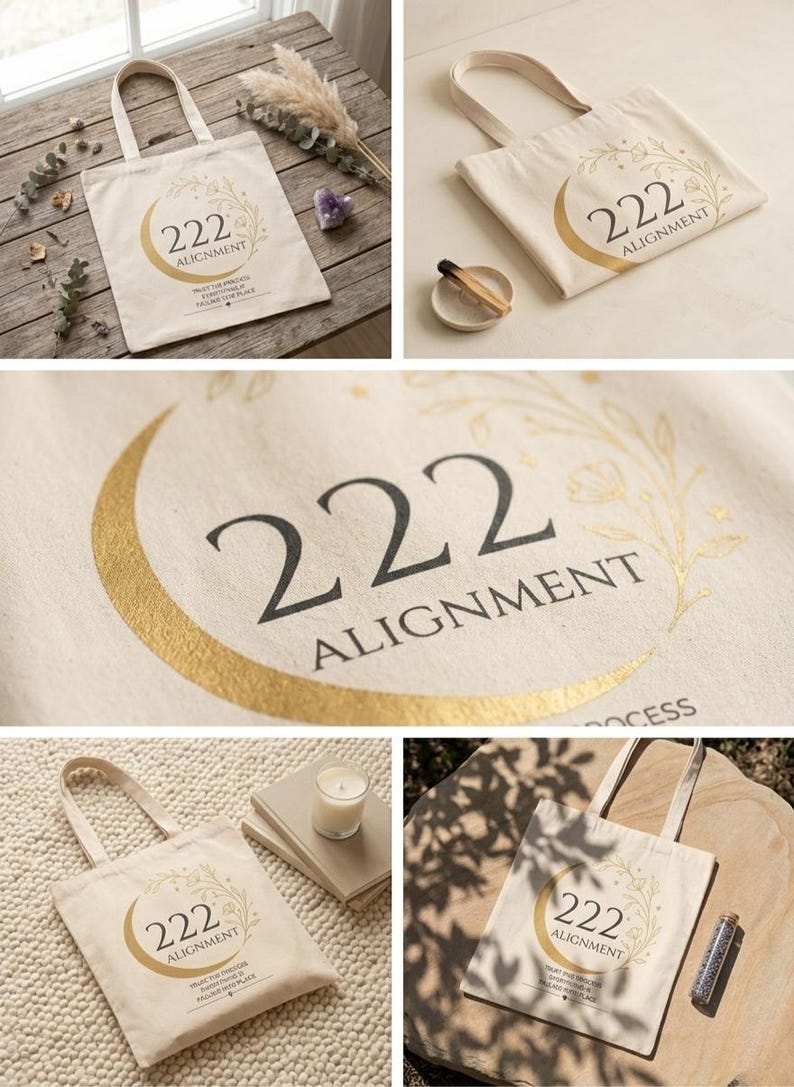 Pode incluir: Uma sacola de lona bege com um gr&aacute;fico de lua crescente dourada, o n&uacute;mero 222 e o texto ALIGNMENT. Abaixo do texto, uma inscri&ccedil;&atilde;o menor diz TRUST THE PROCESS EVERYTHING IS FALLING INTO PLACE. O design inclui delicados tra&ccedil;os florais.