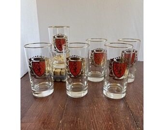 Ensemble de 8 verres à boire vintage Libbey MCM Heraldry Crown Crest Or rouge