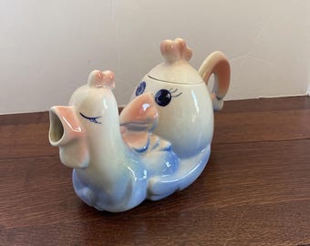 Vintage Teapot with lid- Rooster with Hen, Japan, Pinks And Blues, Rare