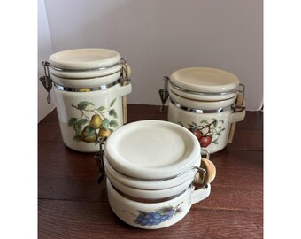 Vintage Ceramic Food Canister Set Pears Apples Grapes With Wooden Spoons