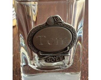 Vintage Personalized Tom Golf Pewter Medallion Square Shot Glass Clear Barware