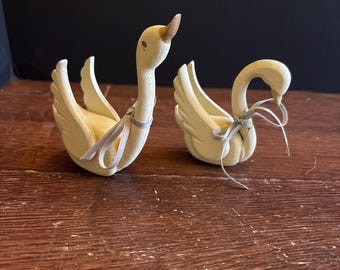 Vintage Pair Handmade Wooden Swans Hand Painted Farmhouse Cottage Core Country