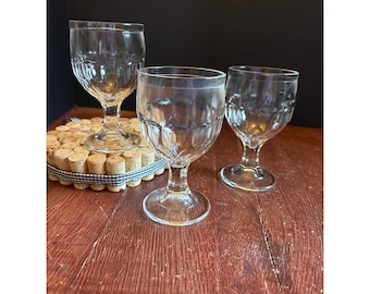 Vintage Hazel-Atlas Clear Glass Paneled Goblets Set 3 Footed Water Wine Stemmed