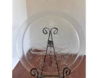 Vintage Christmas Tree Teddy Bear Clear Pressed Glass  Serving Platter 12.5"