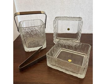 VTG Hoya Japan Ice Scalloped Frosted MCM vierkante ijsemmer en 2 serveerschalen