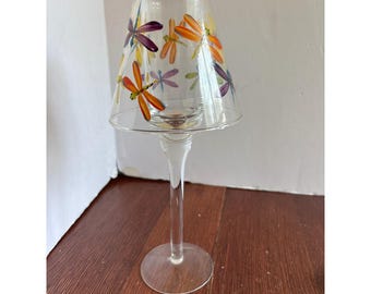 Hand Painted Dragonfly Glass Candle Holder 2 Piece Pedestal Lamp 10.5in