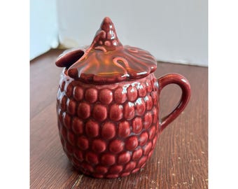 Vintage Burgundy Red Raspberry Ceramic Sugar Bowl Lid USA Pottery Jam Jar