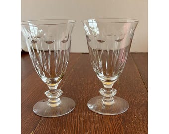 Vintage Cut Crystal Wine Goblets Set of 2 Fluted Thumbprint Stemware 5.25 Inch