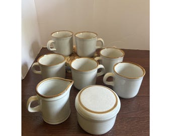 Vintage Beige With Brown Edge Stoneware Cream, Sugar & 6 Cup Set Made In Japan