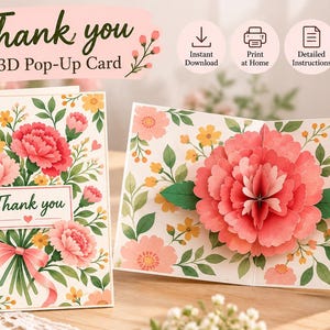 Puede incluir: Una tarjeta pop-up 3D con un diseño floral de claveles rosas, flores amarillas y hojas verdes. El frente muestra el texto Thank you 3D Pop-Up Card y un ramo con un lazo rosa. El interior presenta una flor rosa grande y superpuesta.