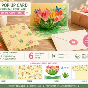 May include: A 3D pop-up card DIY digital template featuring a floral tulips theme. The set includes four printable pages with cut and fold lines to assemble a card with a bouquet of colorful tulips and blue butterflies, plus an envelope.