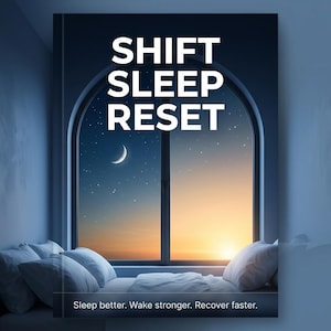 Può includere: Scena di camera da letto con una grande finestra ad arco che mostra un cielo notturno con una luna crescente a sinistra e un'alba a destra. Le parole "SHIFT SLEEP RESET" sono in alto. Il testo "Sleep better. Wake stronger. Recover faster." è in basso.