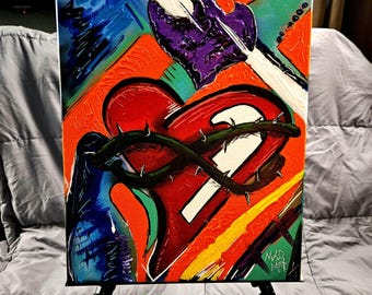 Original Graffiti Heart Painting: Bound Devotion, Mixed Media Canvas Art