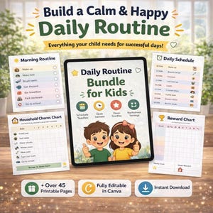 Peut inclure: Un ensemble numérique de tableaux de routine quotidienne imprimables pour enfants, affiché sur un écran de tablette et quatre cartes environnantes. Les graphiques présentent des enfants en dessin animé, des listes et du texte.