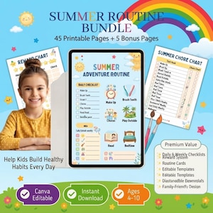 Kids Summer Routine Bundle | Printable Daily Schedule, Visual Routine Chart, Editable Canva Chore Chart & Screen Time Tracker for Ages 4–10