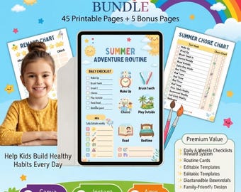 Sommer-Routine-Paket für Kinder | Ausdruckbarer Tagesplan, visuelle Routineübersicht, bearbeitbarer Aufgabenplan (Canva) & Bildschirmzeit-Tracker für Kinder von 4–10 Jahren