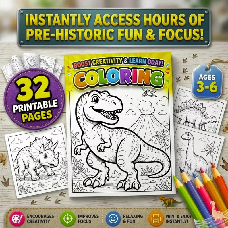 May include: A digital colouring book featuring a T-Rex on the cover with the text BOOST CREATIVITY & LEARN ODAY! COLORING. The set includes 32 printable pages with dinosaur illustrations, a blue tag labelled AGES 3-6, and coloured pencils.