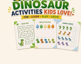 Printable Busy Book for Toddlers | Dinosaur Theme | 33 Screen-Free Quiet Time Activities | Preschool Homeschool Worksheets PDF | Ages 3-6