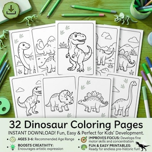 Peut inclure: Un ensemble de 32 pages de coloriage de dinosaures avec diverses illustrations de dinosaures. Les pages sont disposées sur une surface verte avec des crayons verts et des figurines de dinosaures. Le texte en bas indique "32 pages de coloriage de dinosaures" et des détails.