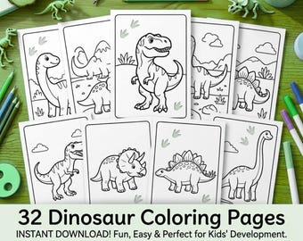 Dinosaur Coloring Pages for Toddlers | 32 Printable Dino Coloring Sheets PDF | Screen-Free Quiet Activity | Homeschool Kids | Ages 3-6