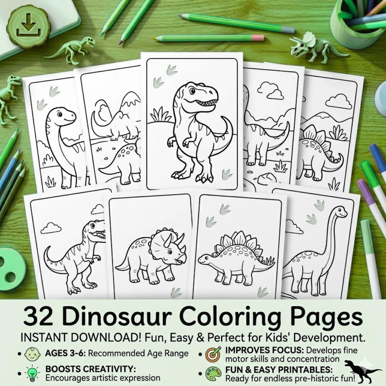 May include: A collection of 32 dinosaur colouring pages featuring various black and white line art illustrations of dinosaurs including a T-Rex, triceratops, and stegosaurus, with text reading 32 Dinosaur Colouring Pages and additional details.