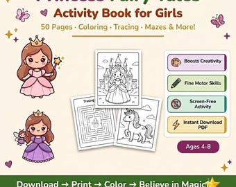 Prinzessinnen-Aktivitätsbuch für Mädchen | 50 Seiten zum Ausmalen, Nachzeichnen und Labyrinthen (PDF) | Märchenhafter Spielspaß für Zuhause | Bildschirmfreies Geschenk | Alter: 4–8 Jahre