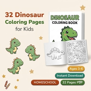 May include: A digital collection of 32 dinosaur colouring pages for kids, featuring a book cover with a green dinosaur illustration, an open book showing black and white line art of dinosaurs, three small green dinosaur graphics, and text labels.
