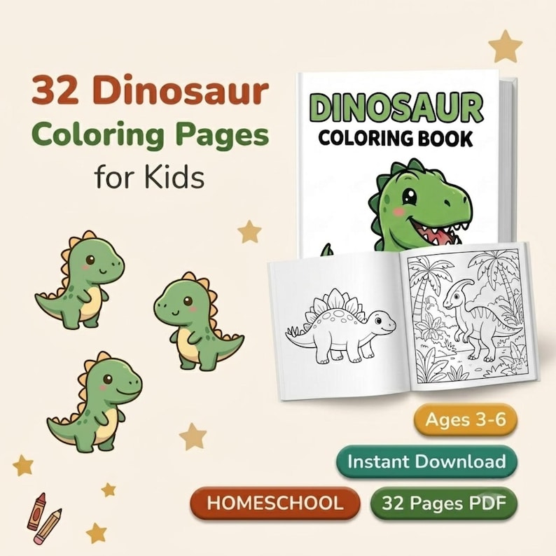 May include: A digital collection of 32 dinosaur colouring pages for kids, featuring a book cover with a green dinosaur illustration, an open book showing black and white line art of dinosaurs, three small green dinosaur graphics, and text labels.