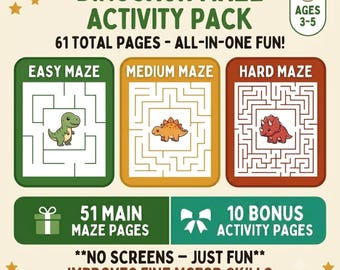 Dinosaur Maze and Activity Book for Kids|60 Printable Mazes Coloring and Learning Worksheets PDF | Screen-Free Fun | Homeschool | Ages 3-5