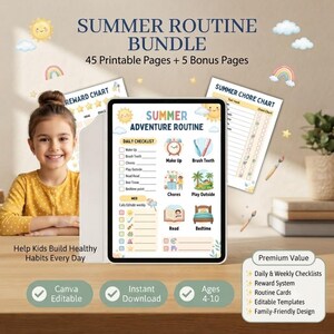 Kids Summer Routine Bundle | Printable Daily Schedule, Visual Routine Chart, Editable Canva Chore Chart & Screen Time Tracker for Ages 4–10