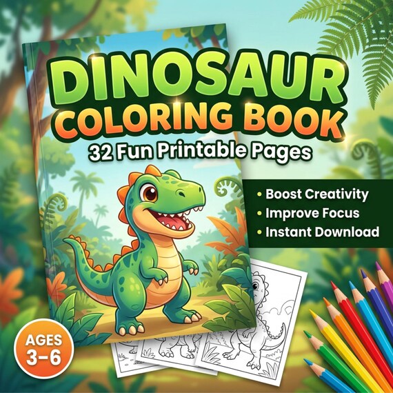Cute Dinosaur Coloring Pages for Preschool Kids | 32 Easy Printable Coloring Sheets for Toddlers Ages 3-5 | Fun PDF Activity Book