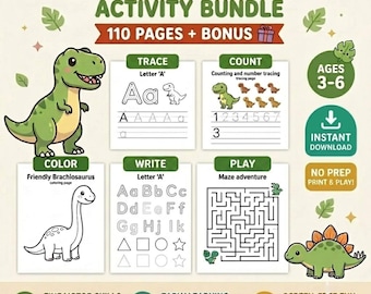 Dinosaur Activity Bundle for Preschoolers | 110 Pages Coloring Tracing and Fine Motor Skills Homeschool Printable Worksheets PDF | Ages 3-6